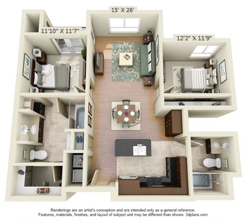 Floor plan for 2 beds, 2 baths, 1215 sqft